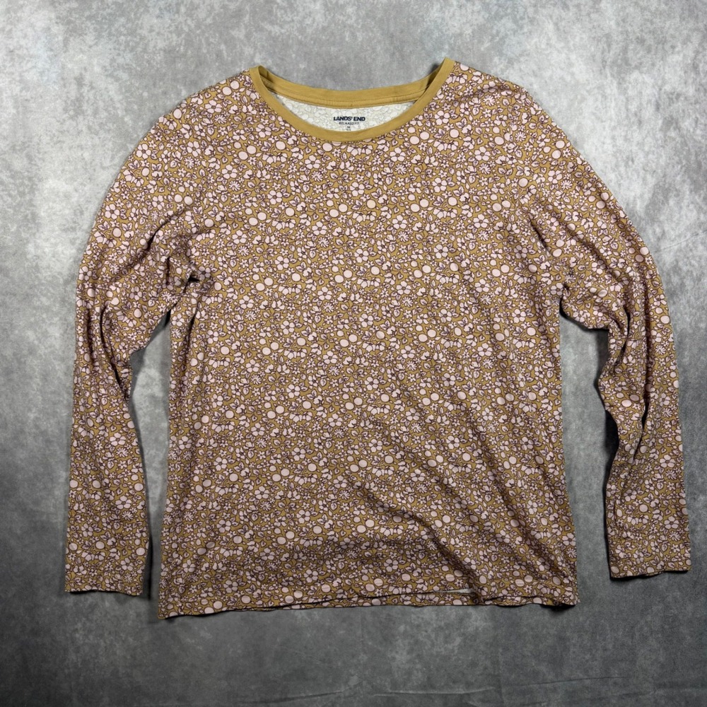 Lands' End Women's M Yellow Pink Floral Relaxed Fit Long Sleeve Tee Shirt Boho